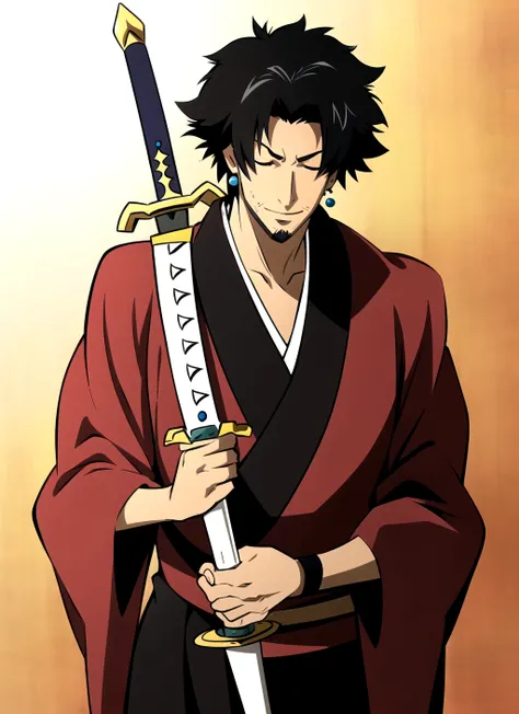 champloo <lora:champloo_offset:1>, masterpiece, best quality, 1boy, male focus, black hair, closed eyes, facial hair, earrings, jewelry, stubble, solo, weapon, japanese clothes, sword, parody, smile, anime coloring, kimono