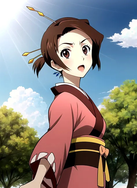 champloo <lora:champloo_offset:1>, masterpiece, best quality, 1girl, solo, hair ornament, brown hair, open mouth, japanese clothes, hair stick, brown eyes