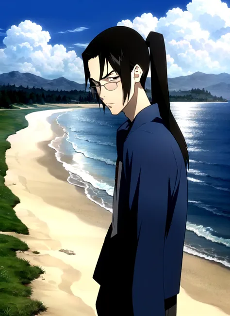 champloo <lora:champloo_offset:1>, masterpiece, best quality, 1boy, male focus, solo, glasses, black hair, cloud, sky, ponytail, ocean, day, long hair, water, mountain