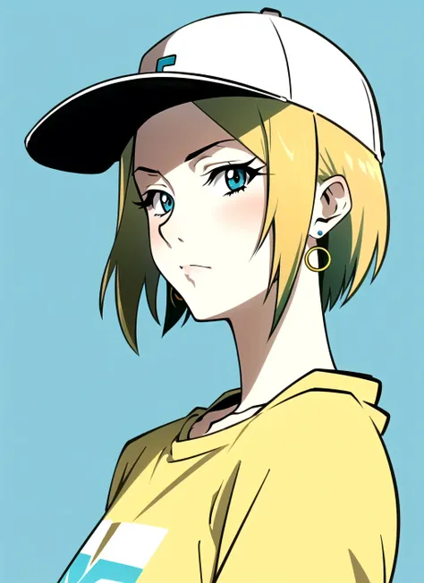 champloo <lora:champloo_offset:1>,  masterpiece, best quality, 1girl, aqua eyes, baseball cap, blonde hair, closed mouth, earrings, green background, hat, hoop earrings, jewelry, looking at viewer, shirt, short hair, simple background, solo, upper body, yellow shirt