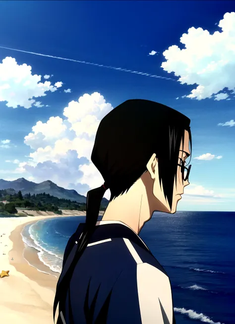 champloo <lora:champloo_offset:1>, masterpiece, best quality, 1boy, male focus, solo, glasses, black hair, cloud, sky, ponytail, ocean, day, long hair, water, mountain