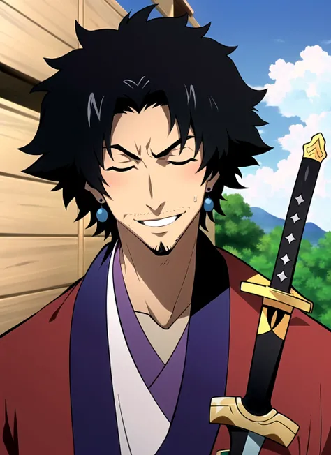 champloo <lora:champloo_offset:1>, masterpiece, best quality, 1boy, male focus, black hair, closed eyes, facial hair, earrings, jewelry, stubble, solo, weapon, japanese clothes, sword, parody, smile, anime coloring, kimono