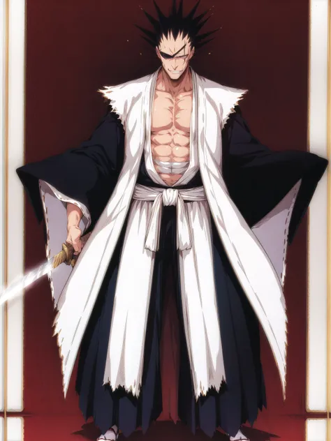 masterpiece, best quality, Kenpachi Zaraki, spiked hair, sword, japanese clothes, full body shot, <lora:KenpachiZaraki:0.5>