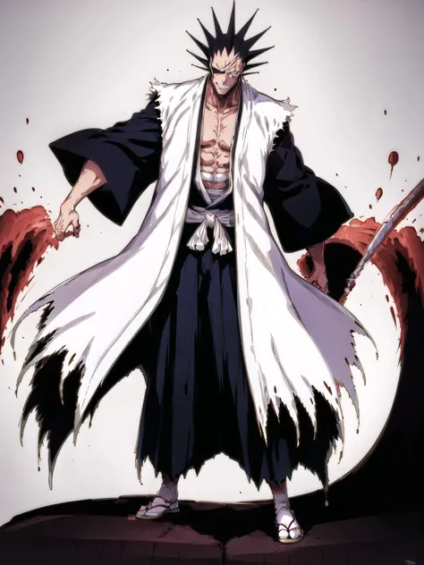 masterpiece, best quality, 1boy, Kenpachi Zaraki, spiked hair, japanese clothes, murder, full body shot, <lora:KenpachiZaraki:0.7>