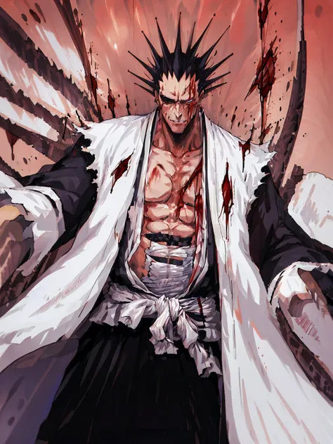 masterpiece, best quality, Kenpachi Zaraki, spiked hair, sword, japanese clothes, blood, yellow background <lora:KenpachiZaraki:0.7>