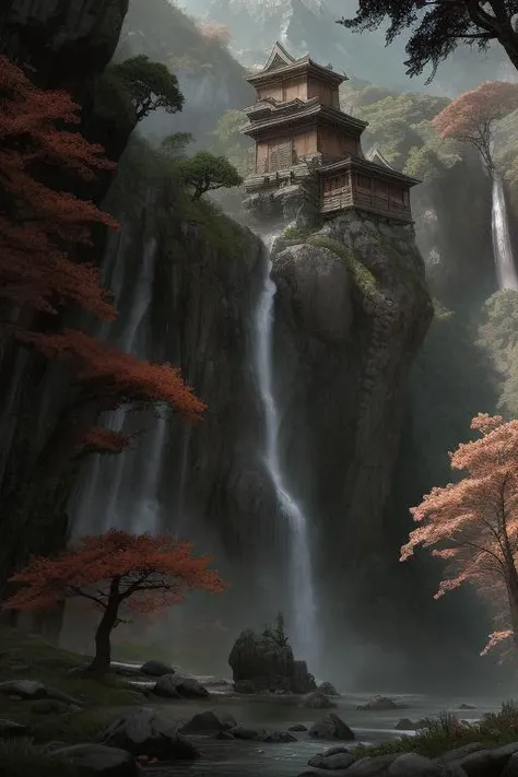 <lora:fantasybg_v1forsd1.5:1> fantasybg,no humans, nature,best quality,8k, RAW photo, masterpiece, best quality,CG, epic realistic,official art, masterpiece,forest, cliff, waterfall, wide shot, mountain, building,