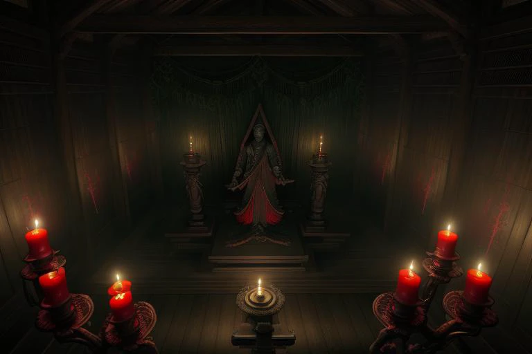 <lora:fantasybg_v1forsd1.5:1>, fantasybg,no humans, nature,best quality,8k, RAW photo, masterpiece, best quality,CG, epic realistic,official art, masterpiece,indoors,  statue:1.5,candle,candlelight, height difference, green and red theme0.3, from above, horror \(theme\), wide shot,