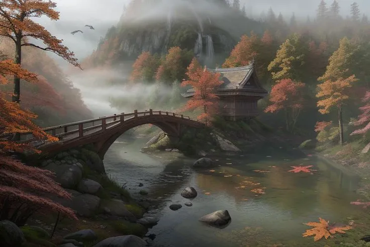<lora:fantasybg_v1forsd1.5:1> fantasybg,no humans, nature, outdoors,day,best quality,8k, RAW photo, masterpiece, best quality,CG, epic realistic,official art, masterpiece,forest,colorful water,fog:1.2,from above, building, bridge,maple leaf,close-up,