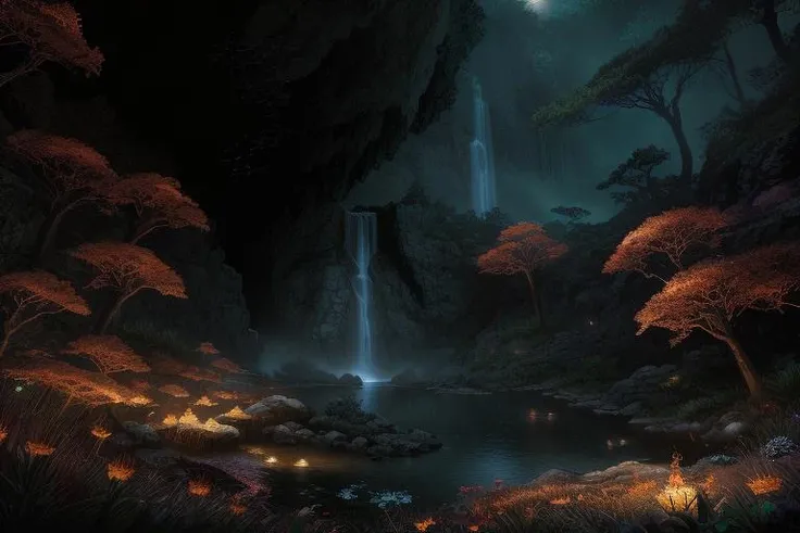 <lora:fantasybg_v1forsd1.5:1> fantasybg,no humans, nature,best quality,8k, RAW photo, masterpiece, best quality,CG, epic realistic,official art, masterpiece,forest, close-up,cave, cliff, waterfall, night,flower, fireflies, black theme, wide shot, light particles, light rays,
