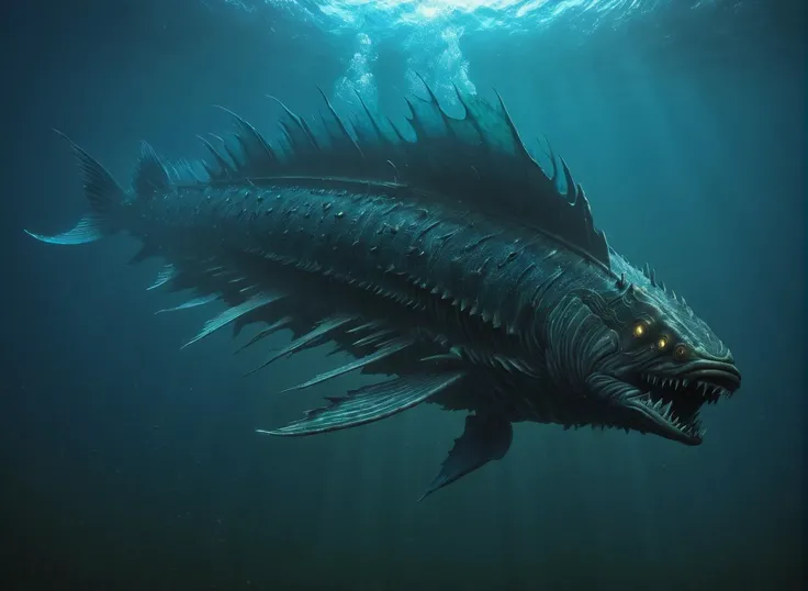 masterpiece, best quality, extremely detailed, hyperrealistic:1.1, photorealistic, black background:1.2, huge ancient fish monster, ominous atmosphere, giant fangs, white eyes:1.1