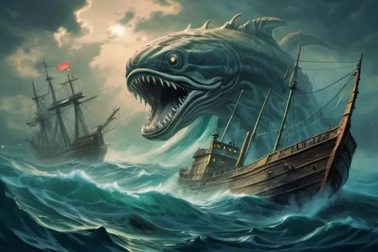 <lora:Leviathan_XL:0.2>, undersea leviathan attacking a ship