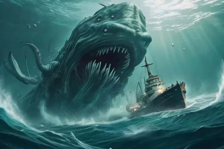 <lora:Leviathan_XL:0.2>, undersea leviathan attacking a ship on the surface