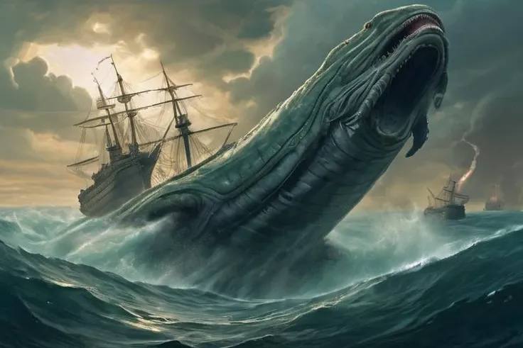 <lora:Leviathan_XL:0.2>, leviathan attacking a ship on the surface