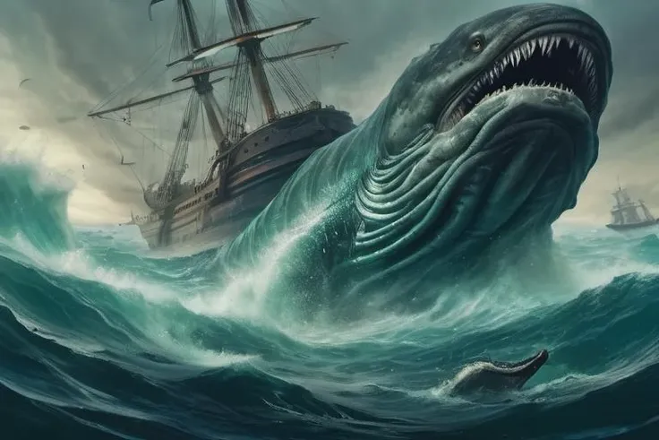 <lora:Leviathan_XL:0.2>, undersea leviathan attacking a ship