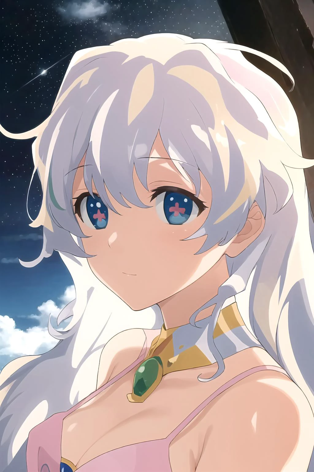 masterpiece, best quality, Nia Teppelin, white hair, long hair, star in eye, multicolored hair, star \(sky\), portrait, bare shoulders, <lora:senran_kagura-000012:0.9> <lora:Nia TeppelinV3:0.7>