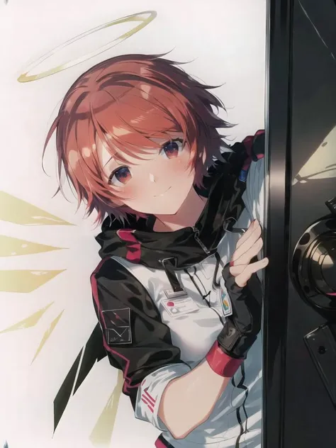 ((best quality)), ((masterpiece)), (detailed), <lora:EyesGen:0.6>,<lora:add_detail:0.7>,8k resolution,high quality, smile,<lora:senran_kagura:1> , <lora:exusiai:1> red hair, short hair, 1girl, solo, looking at viewer, wings, halo, white jacket, gloves, black gloves, fingerless gloves, energy wings, closed mouth, jacket