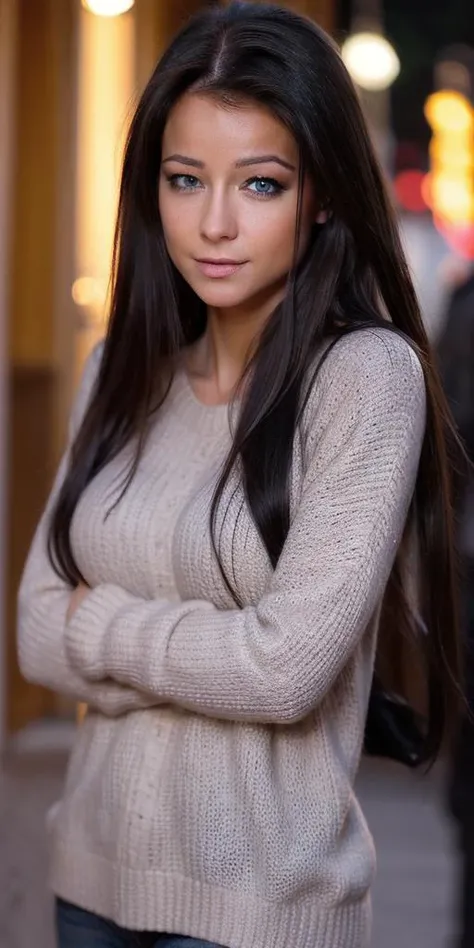 <lora:melisa_mendiny:1> melisa_mendiny, long hair,close-up,canon powershot,extreme dof,wearing sweater,city street,night,bokeh,soft lighting,masterpiece