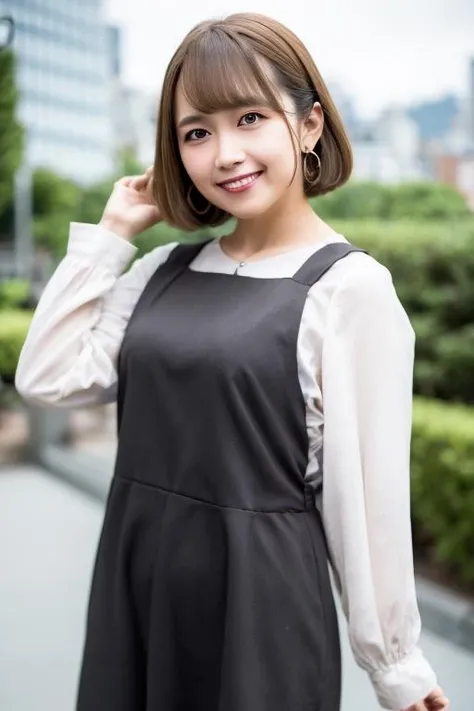 1girl, (wearing a casual dress:1.6),(RAW photo, best quality), (realistic, photo-realistic:1.4), masterpiece, an extremely delicate and beautiful, extremely detailed, 2k wallpaper, Amazing, finely detail, extremely detailed CG unity 8k wallpaper, ultra-detailed, highres, soft light, beautiful detailed girl, extremely detailed eyes and face, beautiful detailed nose, beautiful detailed eyes,cinematic lighting,(in the city:2.0),perfect anatomy,slender body,(smile:1.4),(close up:2.4),(look at viewer),(front view:2.0),cinematic angle,(wavy short hair:1.2), <lora:nakamurakanna_lora-01:0.8>