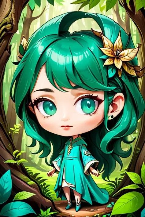 woman with a perfect face in a mythical forest, masterpiece, intricate details, raw photo, photo unp, <lora:chibi-XL0.2:1> chibi