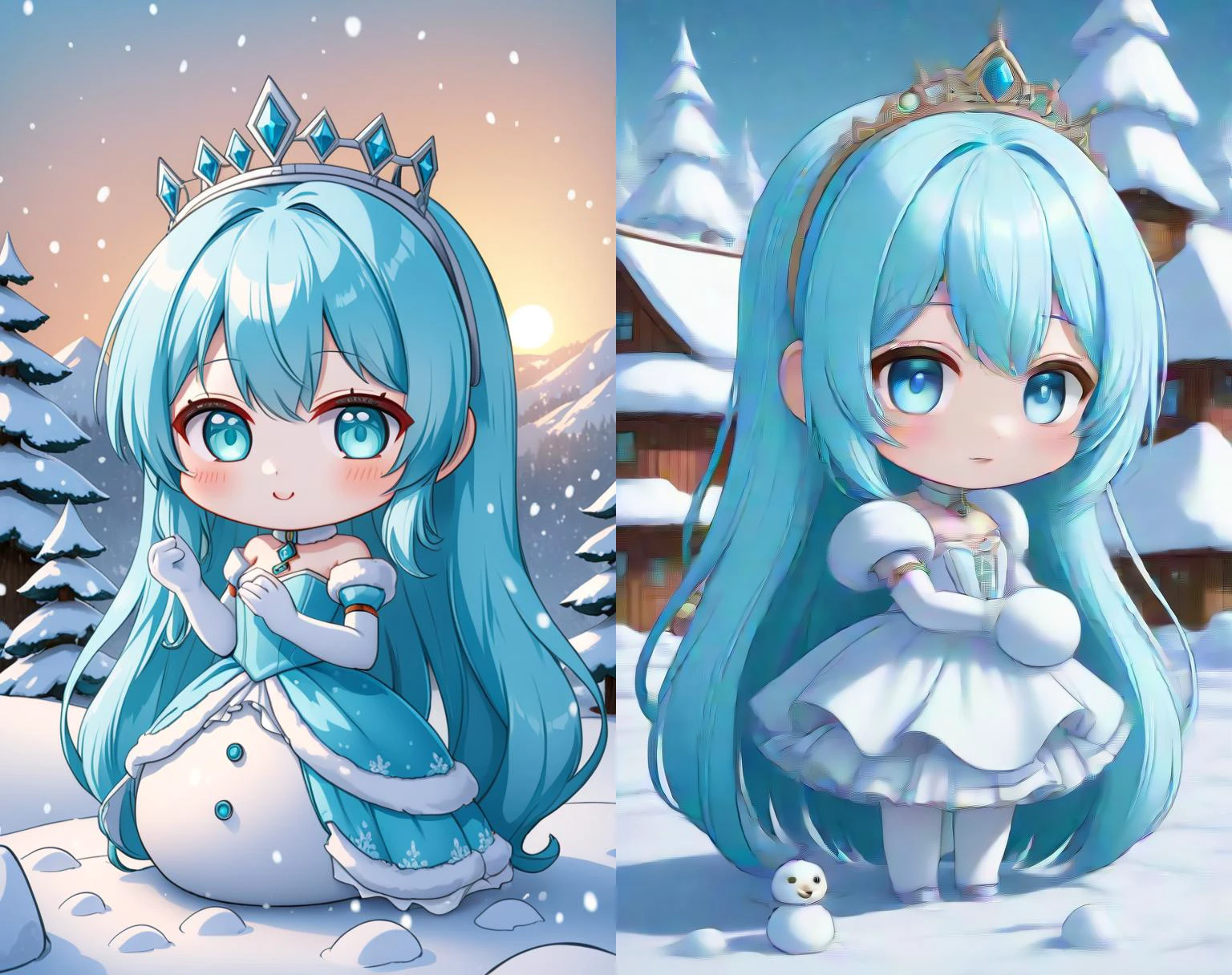 hatsune miku racing miku a cute 3d cartoon caricature cyber woman with light blue hair and hazel eyes wearing a cute princesse dress, fur, diamond, assymetrical, wavy white long straight hair with a cute anime face, artstation, deviantart, realistic, 4k, snow, kawaii, detailed background, snow landscape, she build a snowman, <lora:chibi-XL0.2:1> Chibi <lora:add-detail-xl:1>