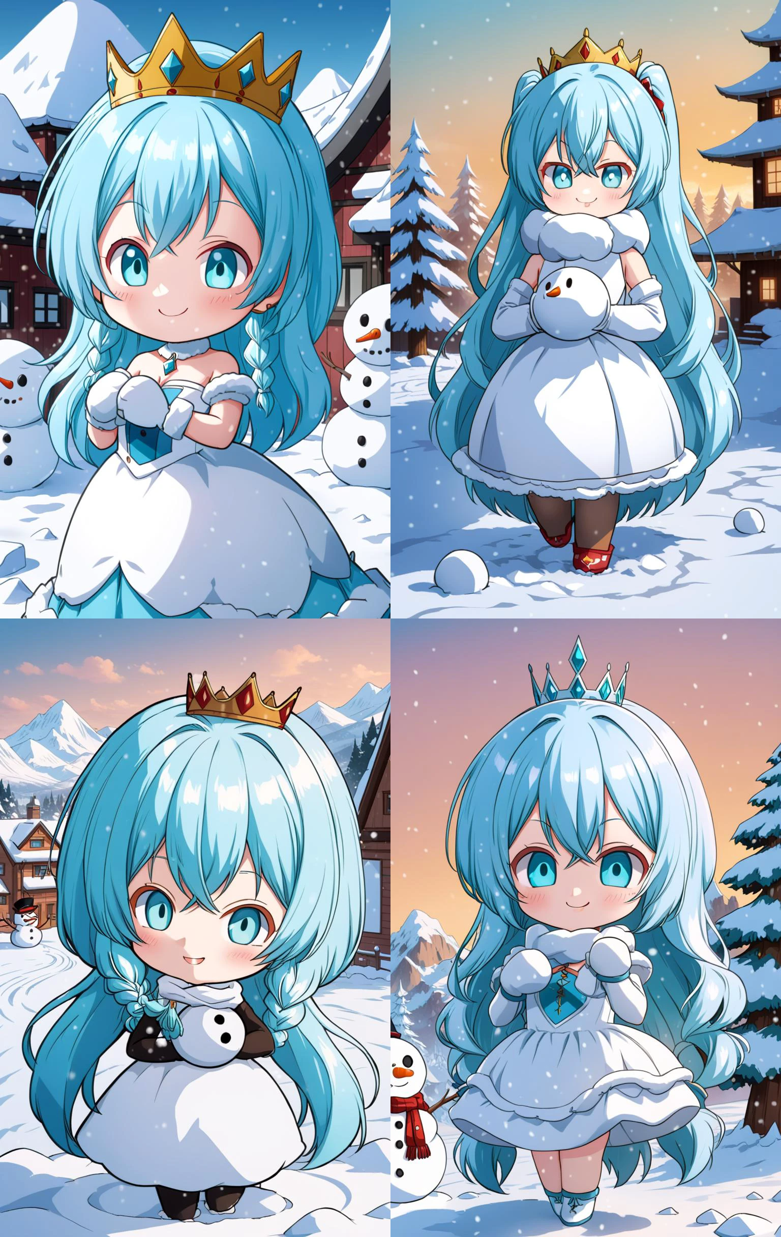 hatsune miku racing miku a cute 3d cartoon caricature cyber woman with light blue hair and hazel eyes wearing a cute princesse dress, fur, diamond, assymetrical, wavy white long straight hair with a cute anime face, cute smile, artstation, deviantart, realistic, 4k, snow, kawaii, detailed background, snow landscape, she build a snowman, play with snowman <lora:chibi-XL0.2:1> Chibi <lora:add-detail-xl:1> <lora:toriy4m4_v4-000007:1> style of akira toriyama