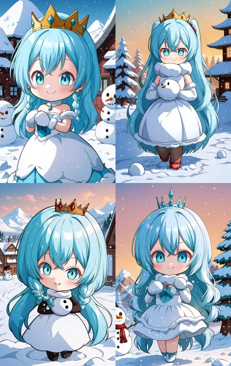 hatsune miku racing miku a cute 3d cartoon caricature cyber woman with light blue hair and hazel eyes wearing a cute princesse dress, fur, diamond, assymetrical, wavy white long straight hair with a cute anime face, cute smile, artstation, deviantart, realistic, 4k, snow, kawaii, detailed background, snow landscape, she build a snowman, play with snowman <lora:chibi-XL0.2:1> Chibi <lora:add-detail-xl:1> <lora:toriy4m4_v4-000007:1> style of akira toriyama