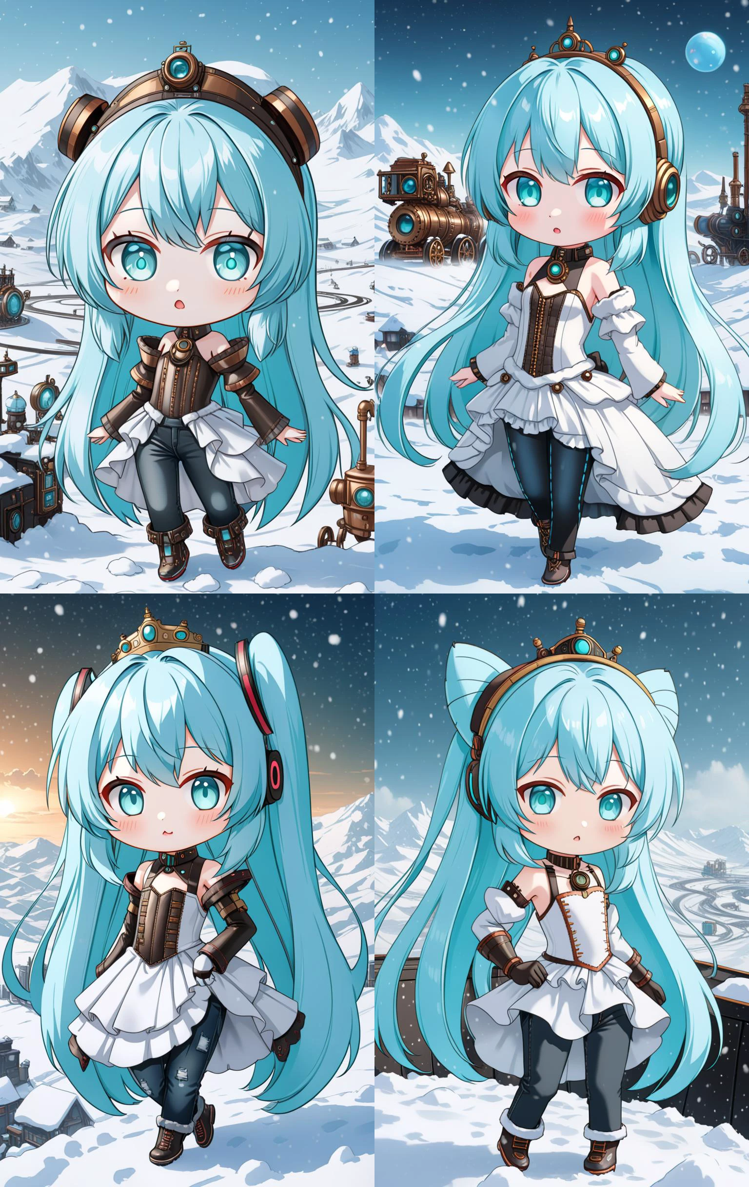 hatsune miku racing miku a cute 3d cartoon caricature cyber woman with light blue hair and hazel eyes wearing a cute princesse dress, assymetrical, wavy white long straight hair with a cute anime face, black jeans, futurism, steampunk, artstation, deviantart, realistic, 4k, snow, kawaii, detailed background, snow landscape, <lora:chibi-XL0.2:1> Chibi
