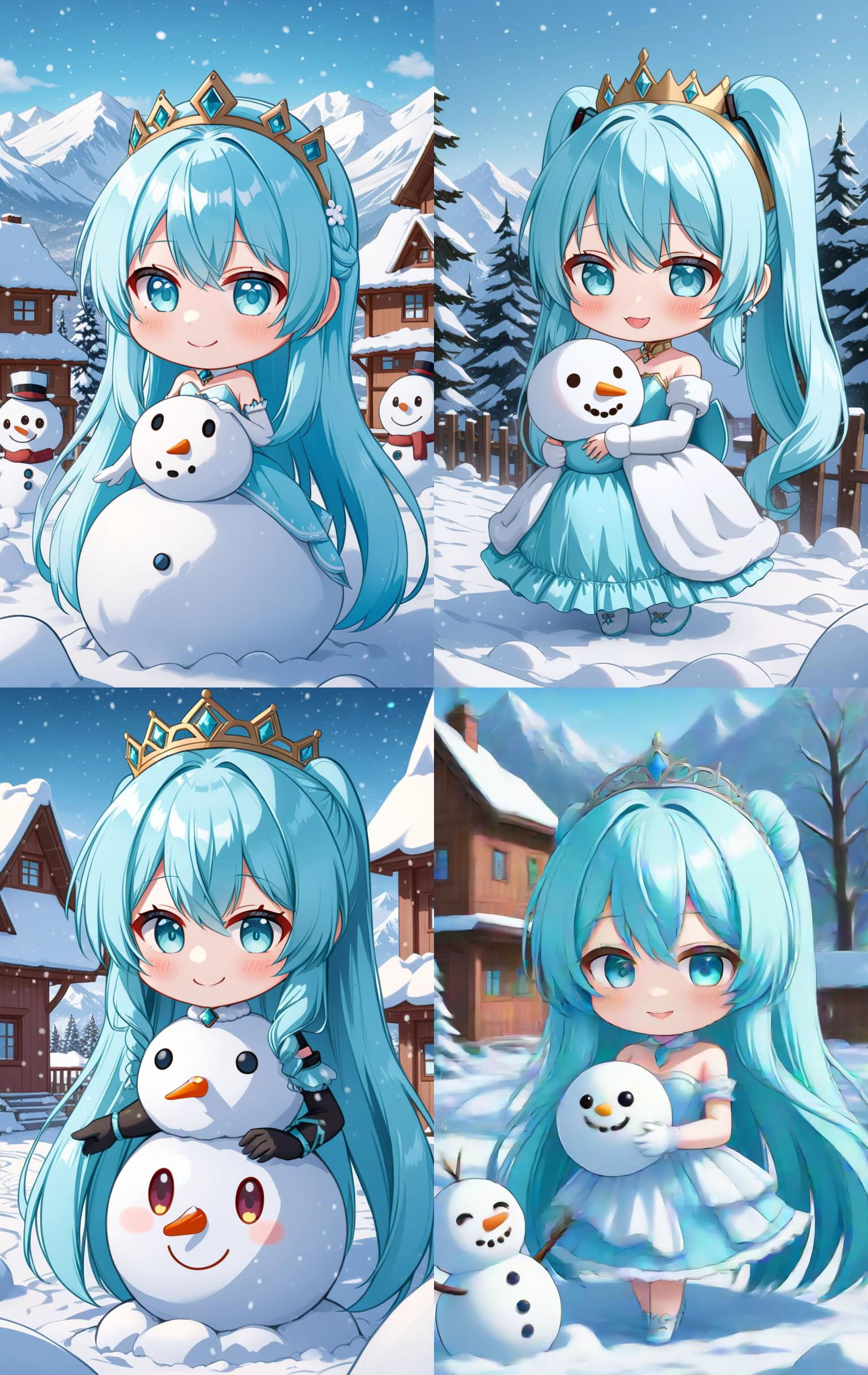 hatsune miku racing miku a cute 3d cartoon caricature cyber woman with light blue hair and hazel eyes wearing a cute princesse dress, fur, diamond, assymetrical, wavy white long straight hair with a cute anime face, cute smile, artstation, deviantart, realistic, 4k, snow, kawaii, detailed background, snow landscape, she build a snowman, play with snowman <lora:chibi-XL0.2:1> Chibi <lora:add-detail-xl:1>