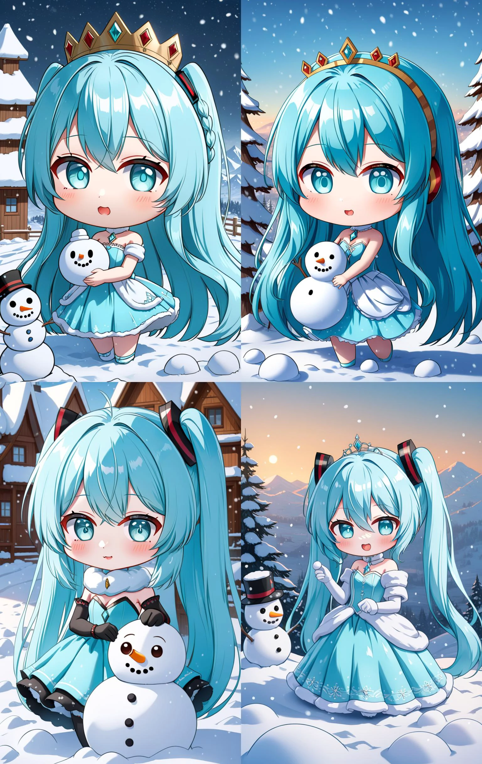 hatsune miku racing miku a cute 3d cartoon caricature cyber woman with light blue hair and hazel eyes wearing a cute princesse dress, fur, diamond, assymetrical, wavy white long straight hair with a cute anime face, artstation, deviantart, realistic, 4k, snow, kawaii, detailed background, snow landscape, she build a snowman, play with snowman <lora:chibi-XL0.2:1> Chibi <lora:add-detail-xl:1>