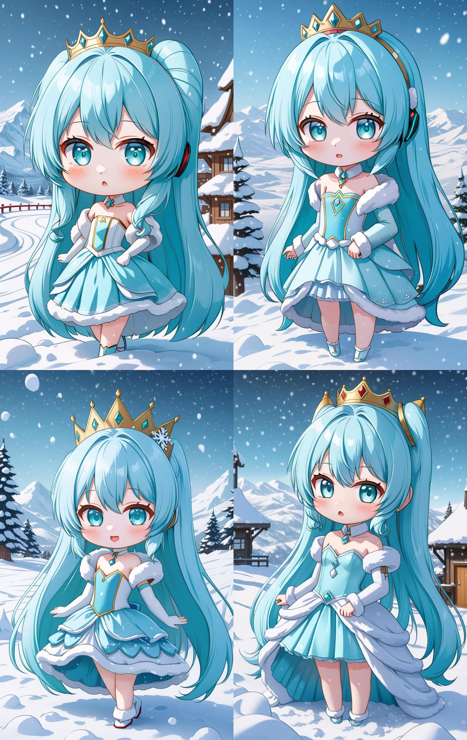 hatsune miku racing miku a cute 3d cartoon caricature cyber woman with light blue hair and hazel eyes wearing a cute princesse dress, fur, diamond, assymetrical, wavy white long straight hair with a cute anime face, artstation, deviantart, realistic, 4k, snow, kawaii, detailed background, snow landscape, <lora:chibi-XL0.2:1> Chibi