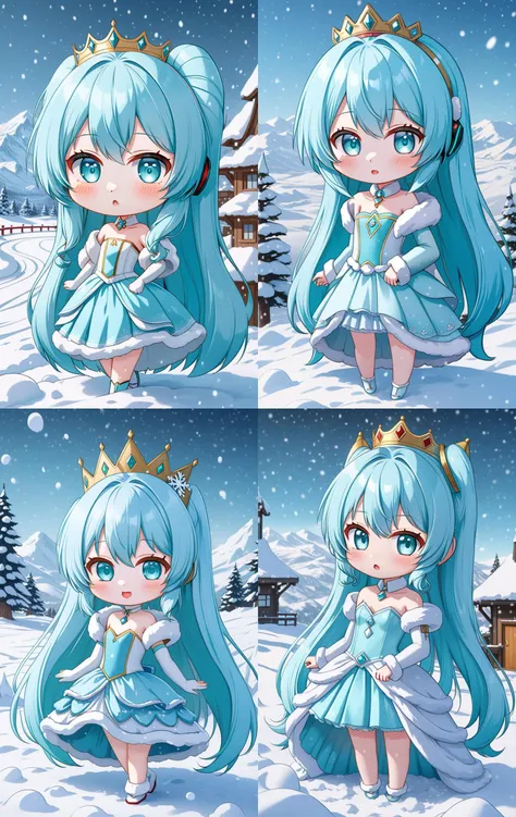 hatsune miku racing miku a cute 3d cartoon caricature cyber woman with light blue hair and hazel eyes wearing a cute princesse dress, fur, diamond, assymetrical, wavy white long straight hair with a cute anime face, artstation, deviantart, realistic, 4k, snow, kawaii, detailed background, snow landscape, <lora:chibi-XL0.2:1> Chibi