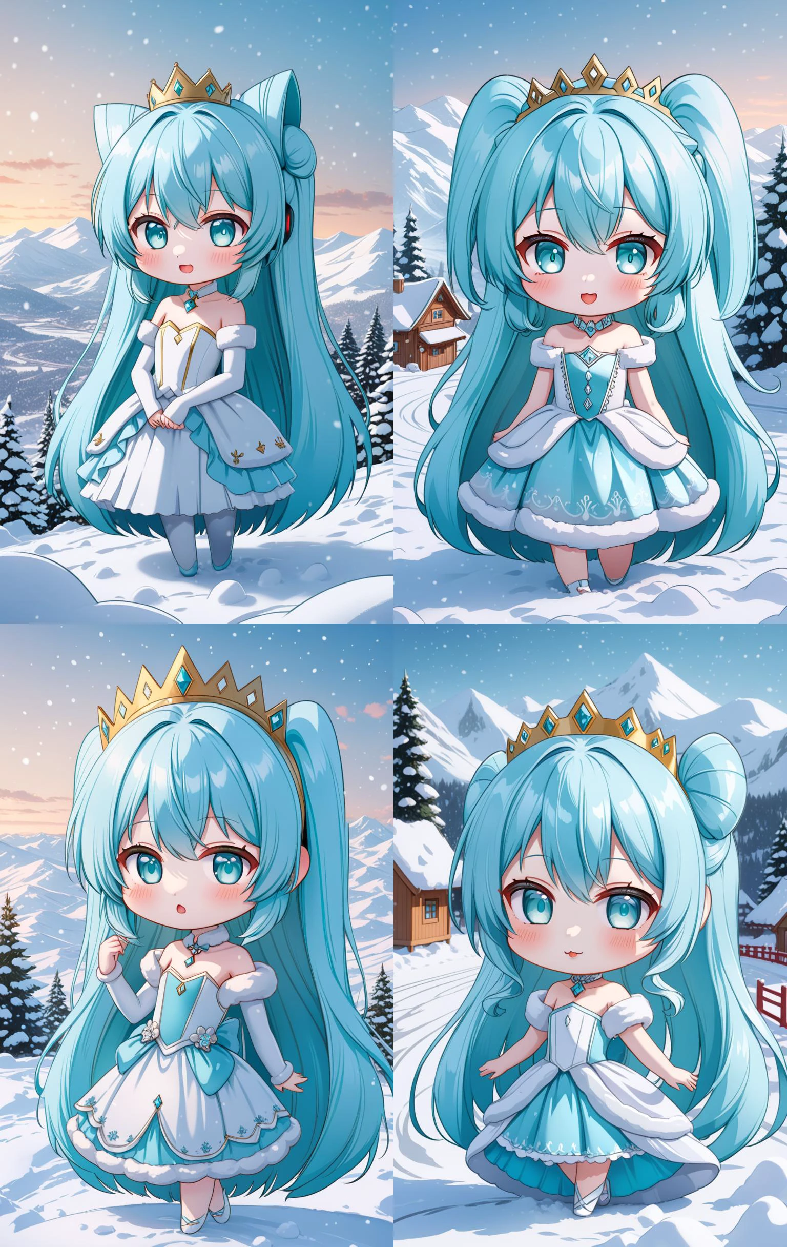 hatsune miku racing miku a cute 3d cartoon caricature cyber woman with light blue hair and hazel eyes wearing a cute princesse dress, fur, diamond, assymetrical, wavy white long straight hair with a cute anime face, artstation, deviantart, realistic, 4k, snow, kawaii, detailed background, snow landscape, <lora:chibi-XL0.2:1> Chibi <lora:add-detail-xl:1>