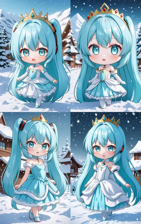hatsune miku racing miku a cute 3d cartoon caricature cyber woman with light blue hair and hazel eyes wearing a cute princesse dress, assymetrical, wavy white long straight hair with a cute anime face, artstation, deviantart, realistic, 4k, snow, kawaii, detailed background, snow landscape, <lora:chibi-XL0.2:1> Chibi