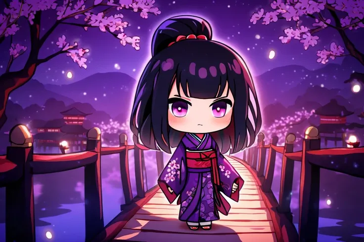 masterpiece, best quality, highres, 1girl, long hair, black hair, purple patterns, purple eyes, hair ribbon, looking at viewer, shy expression, wearing a red kimono, cherry blossoms in full bloom, a lake and a few trees, on a wood bridge, at night, in the dark, low key, chibi, <lora:chibi-XL0.2:0.6>