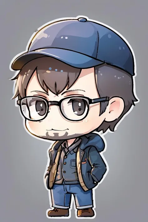 Chibi style art of a 40 year old man with glasses, short beard, flat cap visiting Japan, <lora:chibi-XL0.2:1>