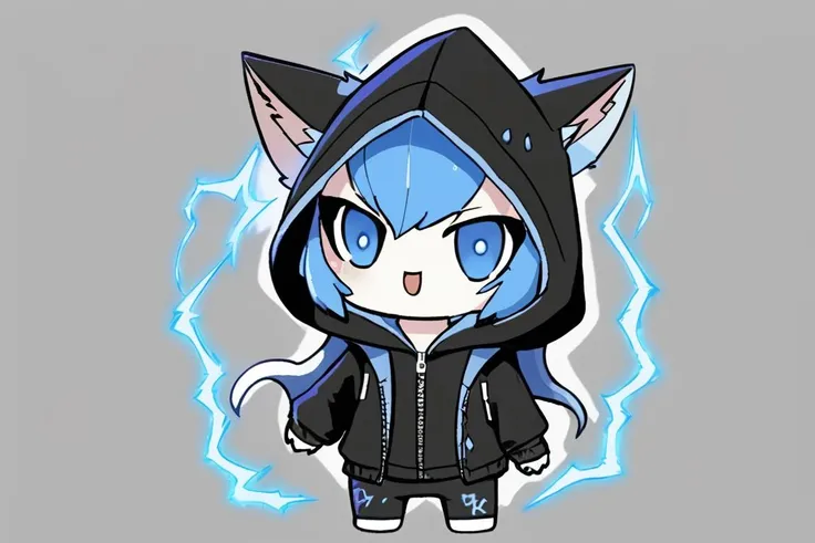 a cat, winter_clothes, black clothe, hoodie on head, high_resolution, high detail, perfect body,Monster,Xxmix_Catecat,composed of elements of thunder,thunder,electricity,chibi, <lora:chibi-XL0.2:0.9>