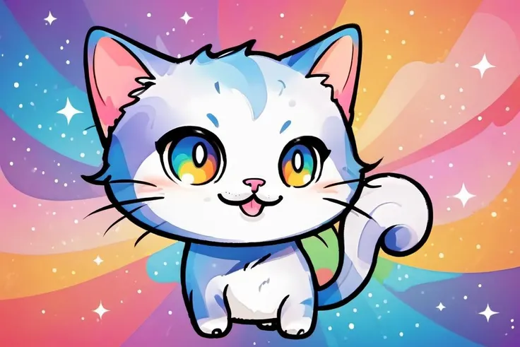chibi style smiling cat with colorful background, <lora:chibi-XL0.2:1>