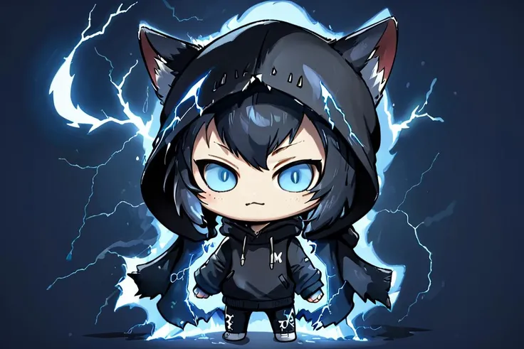 a cat, winter_clothes, black clothe, hoodie on head, high_resolution, high detail, perfect body,Monster,Xxmix_Catecat,composed of elements of thunder,thunder,electricity,chibi, <lora:chibi-XL0.2:0.8>