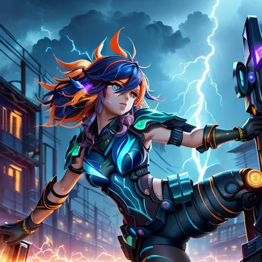 masterpiece, award winning photo of a ((cyberpunk goddess)) Style-Neeko, wearing ((revealing electric power armor)) , (robotic limbs), (orange and yellow colors), with ombre navy blue teal hairstyle with head in motion and hair, (cityscape), ((oil refinery)), storm, ((dark storm clouds)) and ((lightning in distance)), clouds in the sky, trending on artstation, highly detailed, fine detail, intricate, ((rimlight)), (backlighting), (bloom),