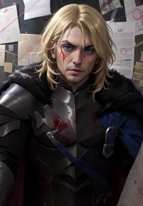 Highly detailed, High Quality, Masterpiece, PepeSilviaMeme, <lora:PepeSilviaMeme:1>, close-up, 1man, DimitriAfter, blonde hair, armor, cape, solo, paper, wall, blood, blood on face, blood on clothes, expressive, insane, cinematic lighting, <lora:Dimitri:0.9> <lora:LowRa:.4>