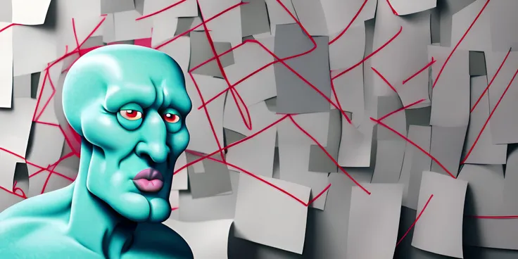 <lora:PepeSilviaMeme:1.0> <lora:handsomesquidward:1.0>, handsome-squidward, pepesilviameme, paper on wall, red string, conspiracy, blue skin, pink lips, masterpiece, highres, shallow depth of field, sharp focus
