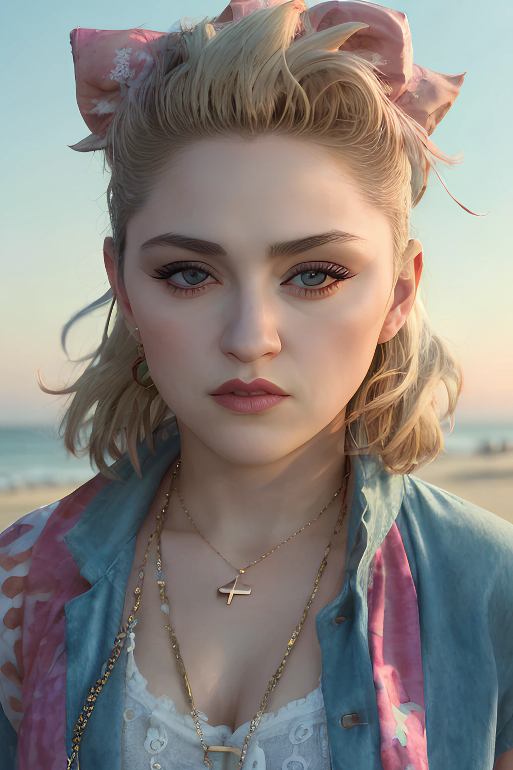 a photo of mdnn with short blonde hair surrounded by heart balloons close up amazing highly detailed photo, at the beach, sunset, Hazel eyes