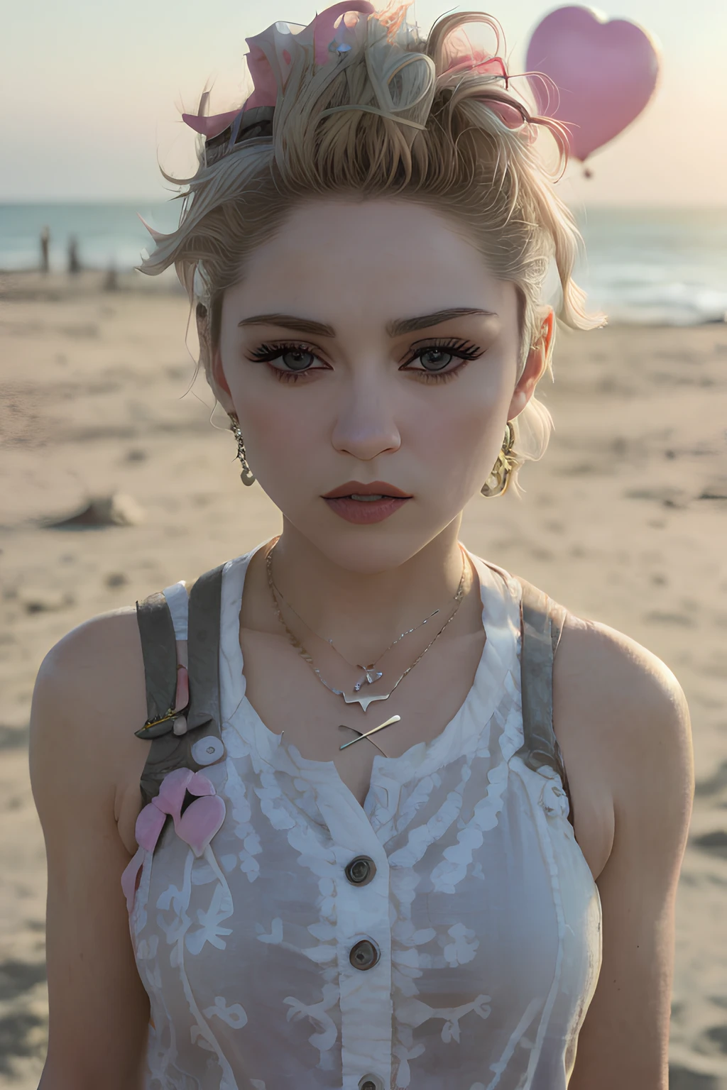 a photo of mdnn with short blonde hair surrounded by heart balloons close up amazing highly detailed photo, at the beach, sunset, Hazel eyes