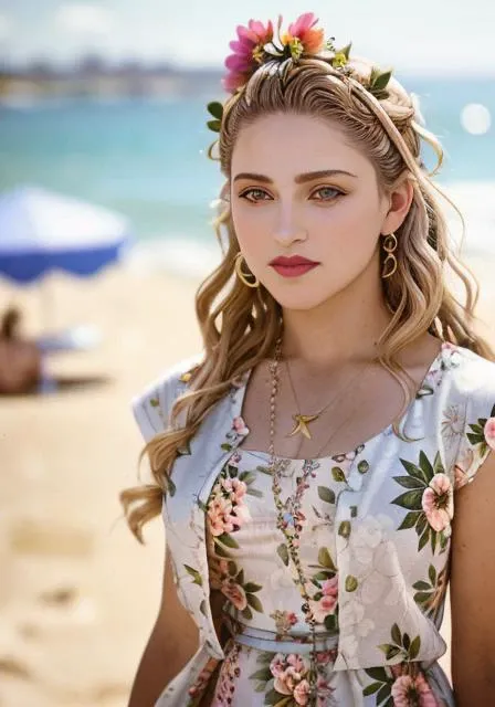 <lora:mdnn_1984-1985_v1.0:1> mdnn, (sharp focus:1.2), portrait, attractive young woman, (beautiful face:1.1), detailed eyes, luscious lips, (eye makeup:1.2), (tight body:1.2), wearing (flowery dress:1.2) at (the beach:1.2). (morning sun lighting:1.2), depth of field, bokeh, 4K, HDR. by (James C. Christensen:1.2|Jeremy Lipking:1.1).