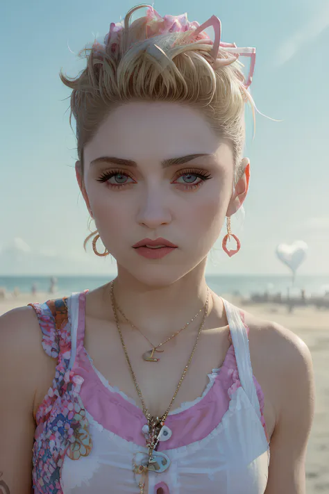 a photo of mdnn  with short blonde hair surrounded by heart balloons close up amazing highly detailed photo, at the beach, sunset, Hazel eyes