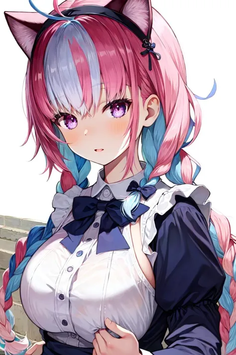 masterpiece,best quality,maid headdress,maid apron,((two-tone_hair,pink hair,blue hair)), purple eyes,(breast press),(blue dress,hair_bow,blue_bow),twin_braids,anchor_print, <lora:minatoAquaHololive_v10:1><lora:ACapriccio-000007:0.8>,((long hair)),