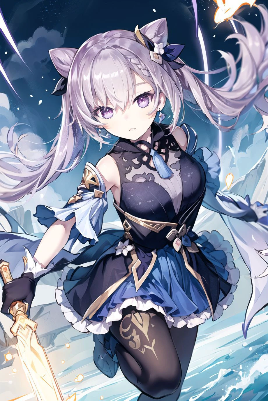 1girl,
(extremely_beautiful_and_delicate:1.3),(pastel:1.6),(official_art:1.3),(illustration:1.6),(masterpiece:1.2),(best_quality:1.3),(dynamic_angle_and_pose:1.0),
keqing \(piercing thunderbolt\) \(genshin impact\), keqing \(genshin impact\),channels the power of the elements through her sword, sending waves of energy rippling through the air. She moves with incredible speed and agility, striking with deadly precision and sending her opponents flying with each devastating blow, atop a high mountain peak, with the clouds and lightning swirling around her. The wind whips through her hair as she charges towards her opponent, her sword crackling with energy.<lora:keqingGenshinImpact3in1_v10:1>
pantyhose, hair bun, purple hair, gloves, twintails, long hair, purple eyes, diamond-shaped pupils, bare shoulders, hair ornament, black pantyhose, cone hair bun, detached sleeves,dress, jewelry, medium breasts, earrings, bangs, frills, purple dress, black gloves, braid, skirt,
(extremely_beautiful_and_delicate:1.3),
(4K:1.3),++//++//++,++//++//++//++//,(extremely_beautiful_and_delicate:1.1),(ultra_detailed:1.3),(delicate:1.3),(realistic:1.0),
(beautiful_eyes:1.3),(beautiful_face:1.3),(beautiful_hair:1.3),(direct_lighting:1.6),sharp,
<lora:capriccio Style:1:OUT8>