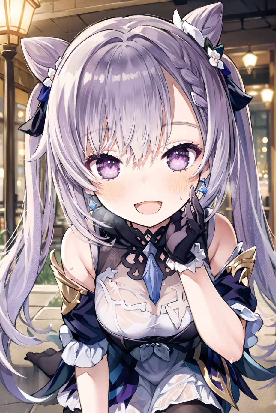 keqing \(genshin impact\),<lora:keqingGenshinImpact3in1_v10:1>
portrait, close up,
pantyhose, hair bun, purple hair, gloves,((twintails)), long hair, purple eyes, diamond-shaped pupils, bare shoulders, hair ornament, black pantyhose, cone hair bun, detached sleeves,dress, jewelry, medium breasts, earrings, bangs, frills, purple dress, black gloves, braid, skirt, smile, blush, hand on own cheek, :D
sweat, sweatdrop, wet, wet clothes, wet hair, wet shirt,
<lora:capriccio Style:1:OUT8>