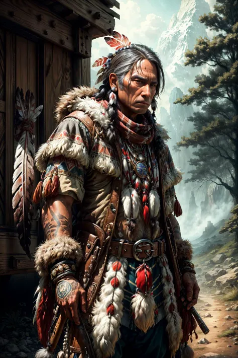 (masterpiece, best quality, high quality, highres, ultra-detailed), solo, half shot, looking down, detailed background, detailed face, (<lora:totempunkai_v20:0.5>, totempunkai, native american theme:1.1), trapper, trapmaker, brown fur lined leather clothing, belt, gloves, rugged, trappers hat, scarf, dynamic pose, snare, rope, lure, net, pelts, hides, campsite background, underbrush, fantasy frontier cinematic atmosphere,, <lora:add_detail:1>