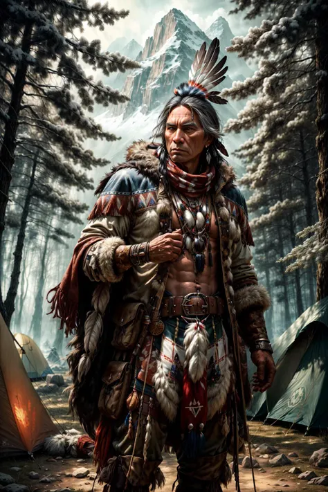 (masterpiece, best quality, high quality, highres, ultra-detailed), solo, half shot, looking down, detailed background, detailed face, (<lora:totempunkai_v20:0.5>, totempunkai, native american theme:1.1), trapper, trapmaker, brown fur lined leather clothing, belt, gloves, rugged, trappers hat, scarf, dynamic pose, snare, rope, lure, net, pelts, hides, campsite background, underbrush, fantasy frontier cinematic atmosphere,, <lora:add_detail:1>